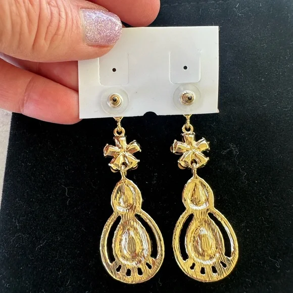 Vintage Elegant Gold and Aurora Borealis Crystal Drop Earrings - Picture 2 of 3